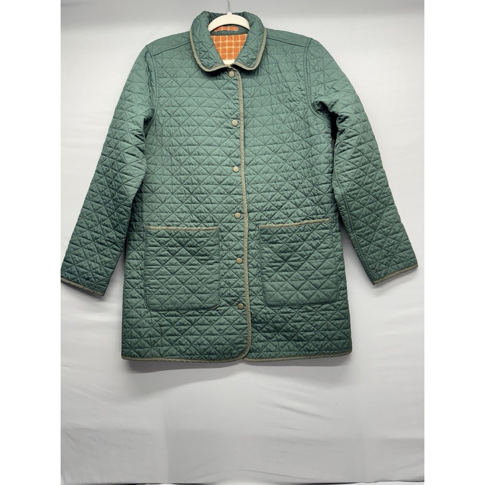 Lands' End Quilted Green Jacket with Orange Plaid Lining - Picture 2 of 13